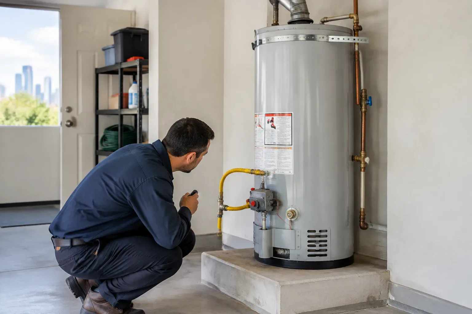 A technician crouches beside a tall gas water heater on a raised concrete platform, examining the lower control and burner area. Copper piping, a yellow gas connector, and the exhaust vent are visible. An open doorway and shelving appear in the backg