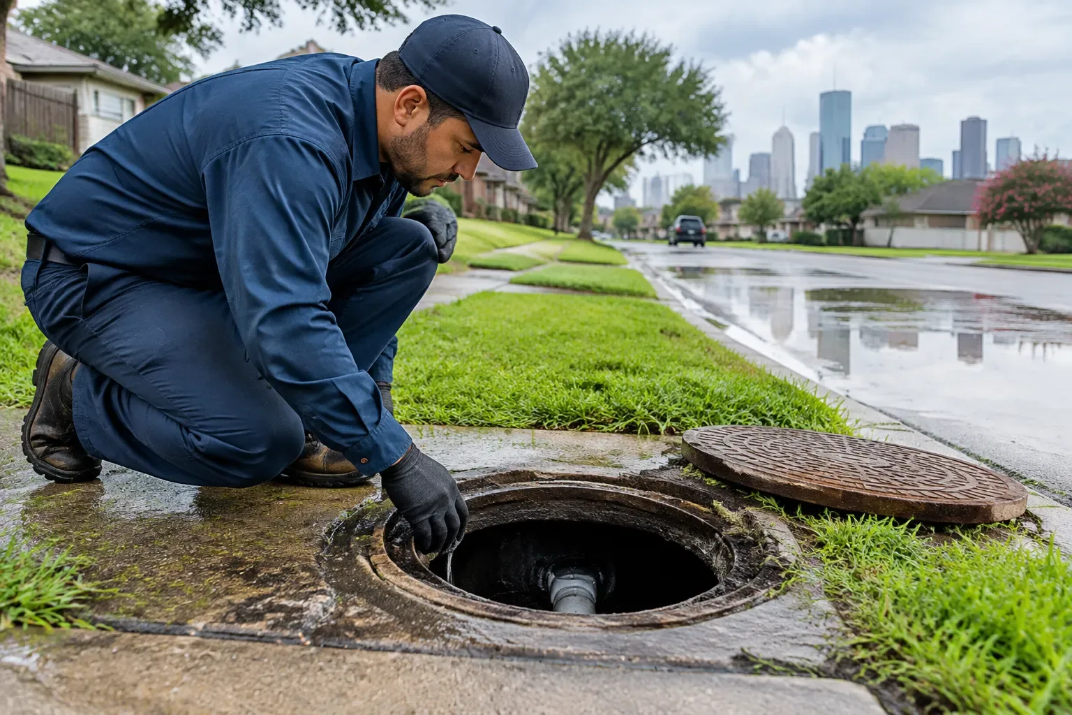 A worker in dark clothing and gloves kneels beside an open circular sewer access cover on a wet grassy verge. A residential street, puddles, houses, trees, and a distant city skyline are visible.