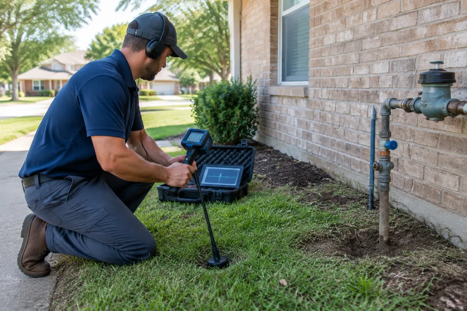 A technician kneels on a lawn beside a brick house, using a handheld electronic device connected to a ground probe. Exposed metal pipes and a shutoff assembly are mounted near the exterior wall.