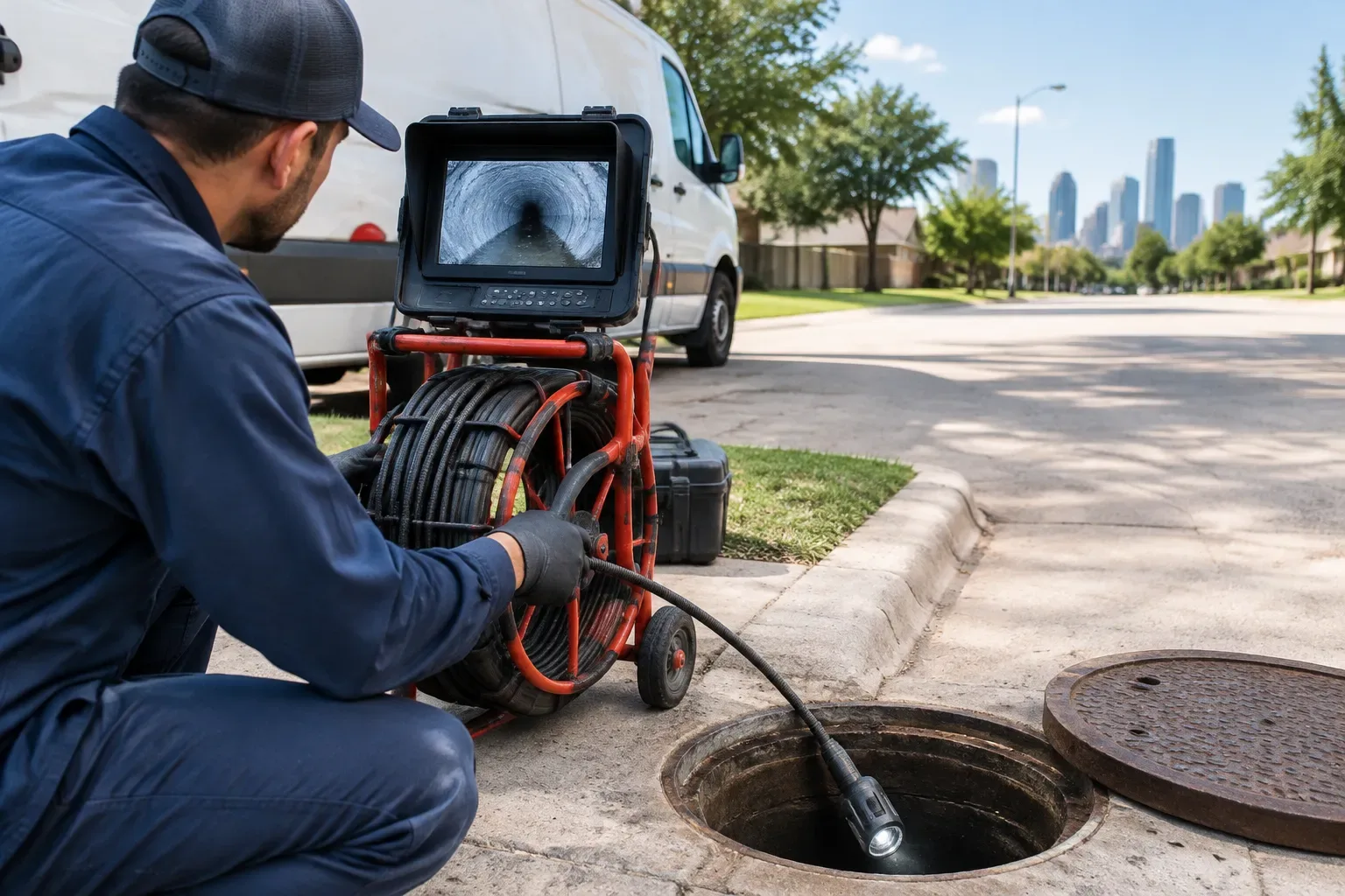 A plumber in dark work clothing operates a wheeled sewer camera beside an open round manhole. The camera monitor displays a pipe interior, and the camera cable extends into the access opening. A service van, grass, curb, roadway, trees, and distant h