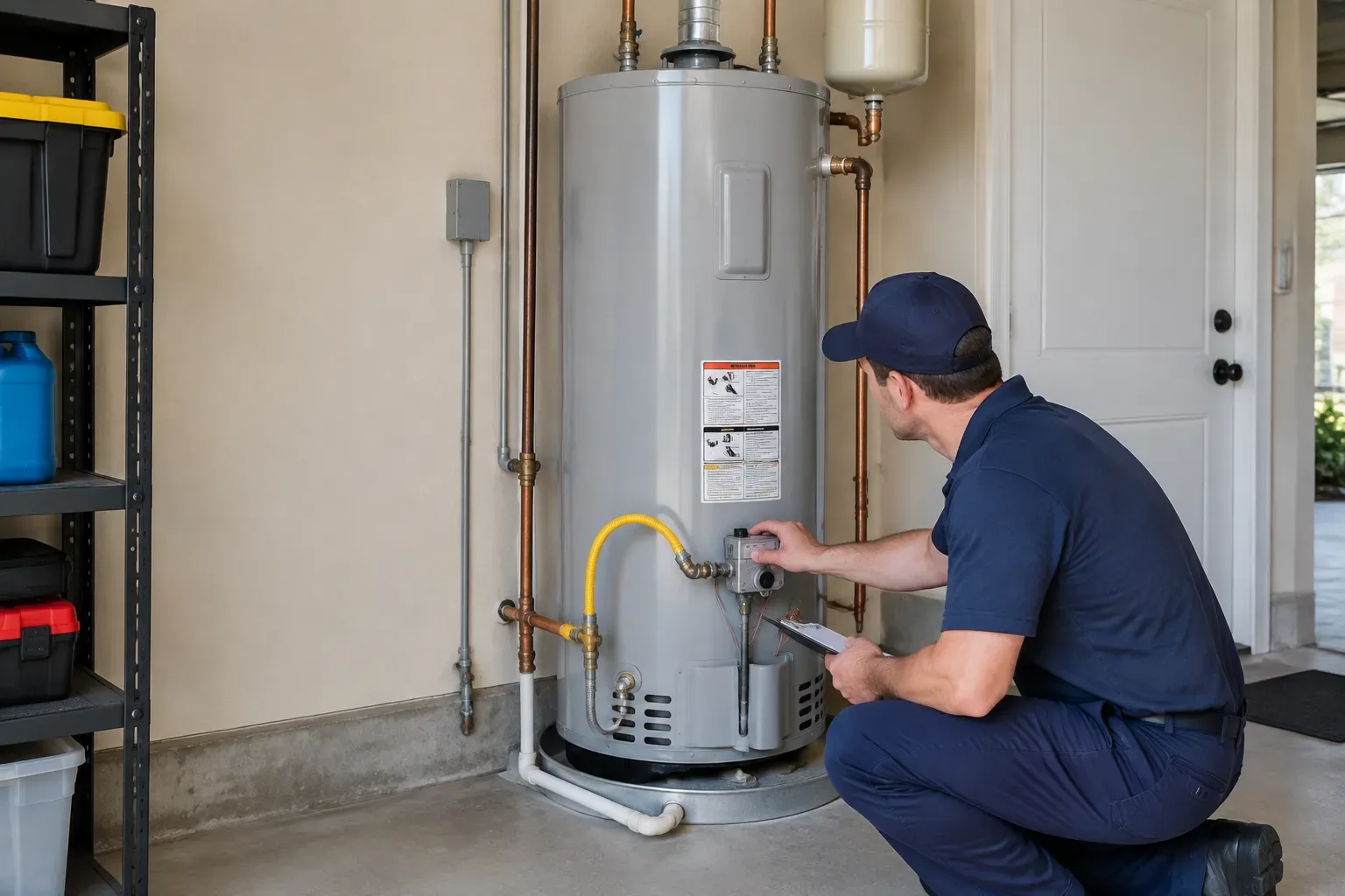 A plumber in navy work clothes kneels beside a gray gas water heater, examining its lower controls with a hand tool. Copper pipes, a yellow flexible gas line, venting, and a white door are visible.